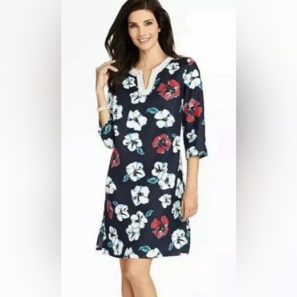 Talbots 100% Linen Beaded Neckline Hawaiian Tunic Dress Size Large NWT! - Picture 1 of 8